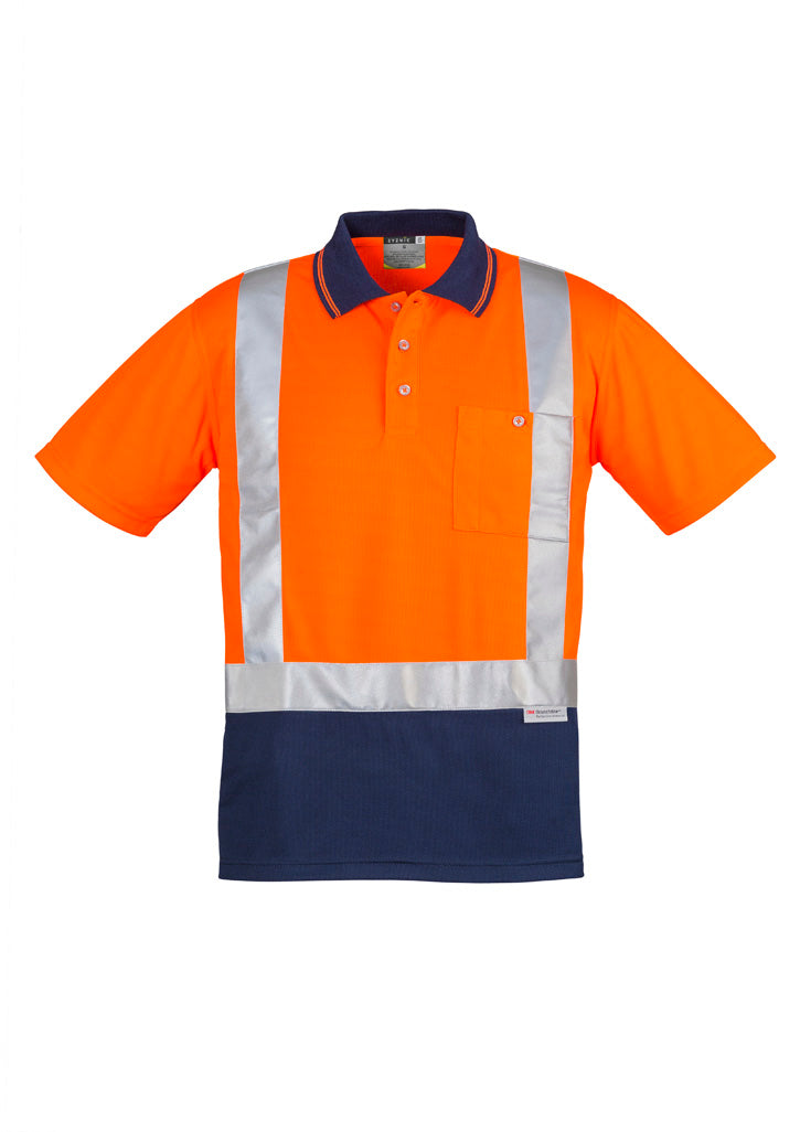 Mens Hi Vis Spliced Short Sleeve Polo - Shoulder Taped Orange/Navy back