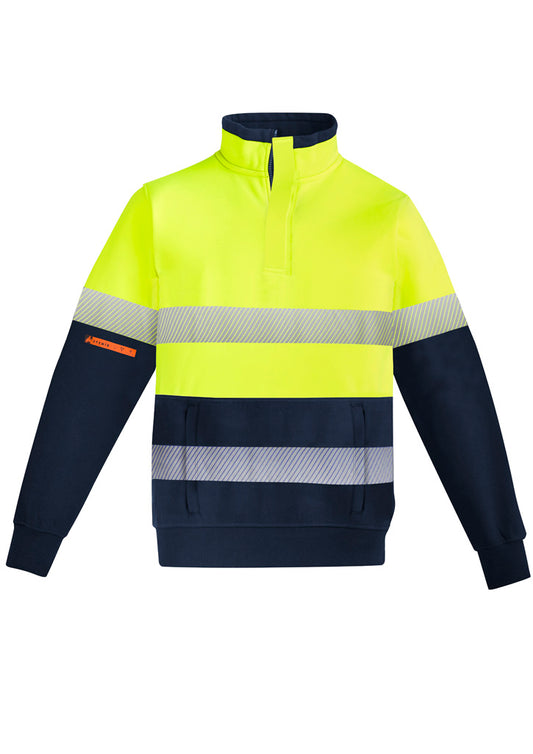 Mens Orange Flame Hi Vis 1/4 Zip Pullover - Hoop Taped Yellow/Navy front
