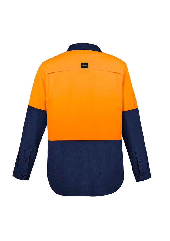 Mens Hi Vis Outdoor Long Sleeve Shirt Orange/Navy back