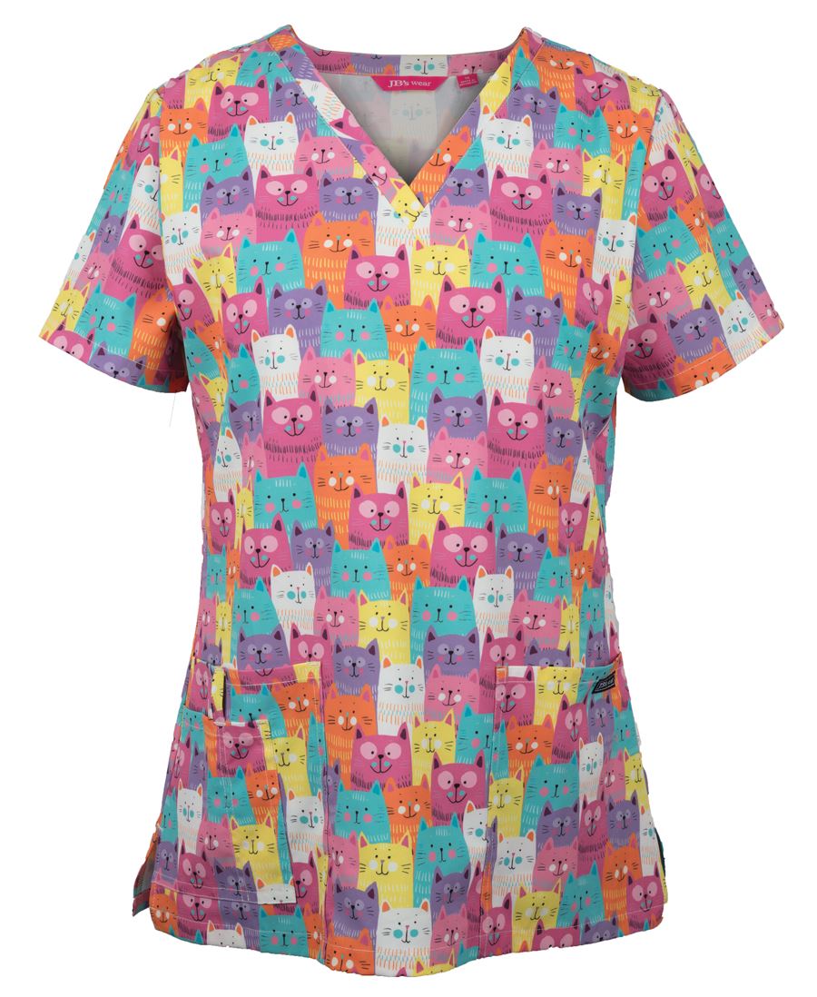 JB's LADIES SCRUB TOP PRINTED - Cat