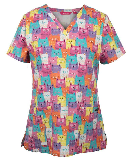 JB's LADIES SCRUB TOP PRINTED - Cat