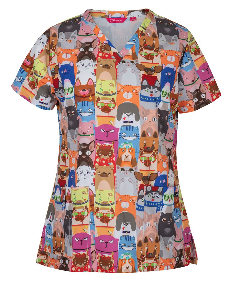 JB's LADIES SCRUB TOP PRINTED RAINING - Cats & Dogs