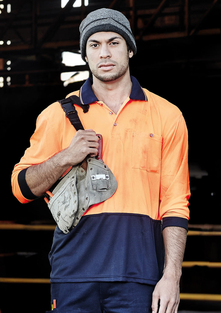 Unisex Hi Vis Basic Long Sleeve Polo Orange/Navy front