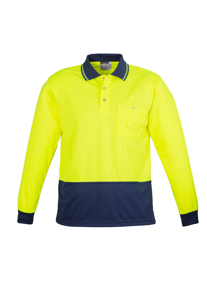 Unisex Hi Vis Basic Long Sleeve Polo Yellow/Navy front