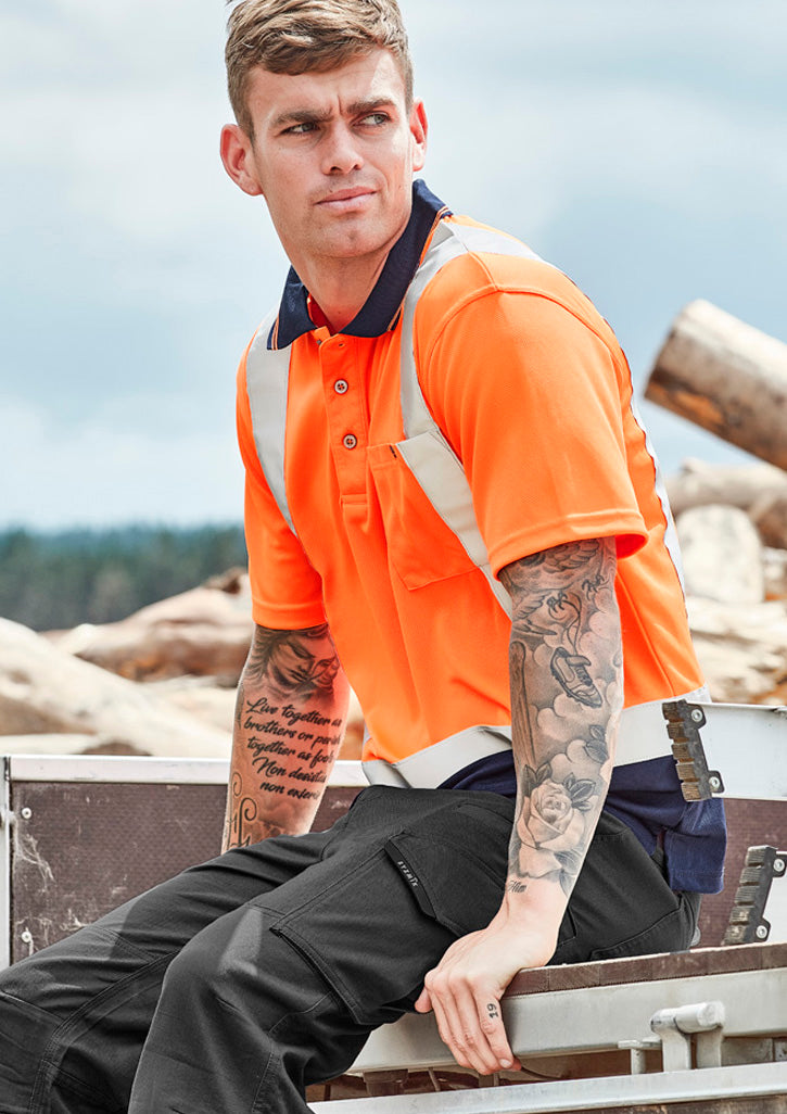 Mens Hi Vis Spliced Short Sleeve Polo - Shoulder Taped Orange/Navy front