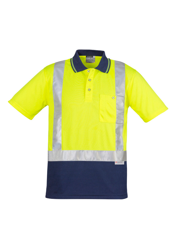 Mens Hi Vis Spliced Short Sleeve Polo - Shoulder Taped Yellow/Navy front