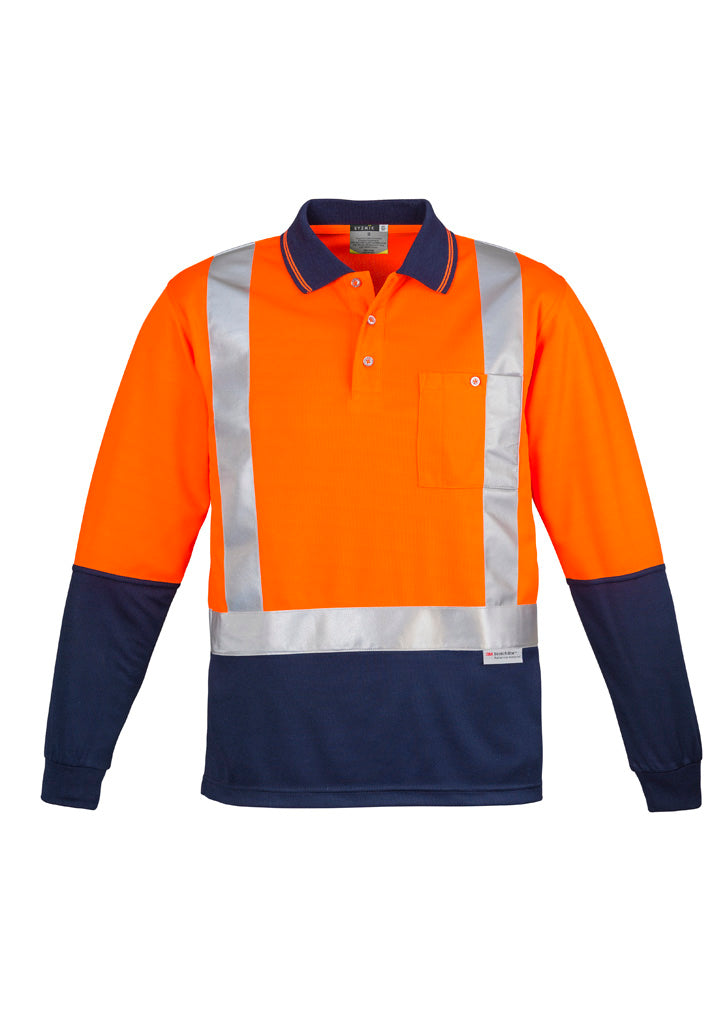 Mens Hi Vis Spliced Long Sleeve Polo - Shoulder Taped Orange/Navy front