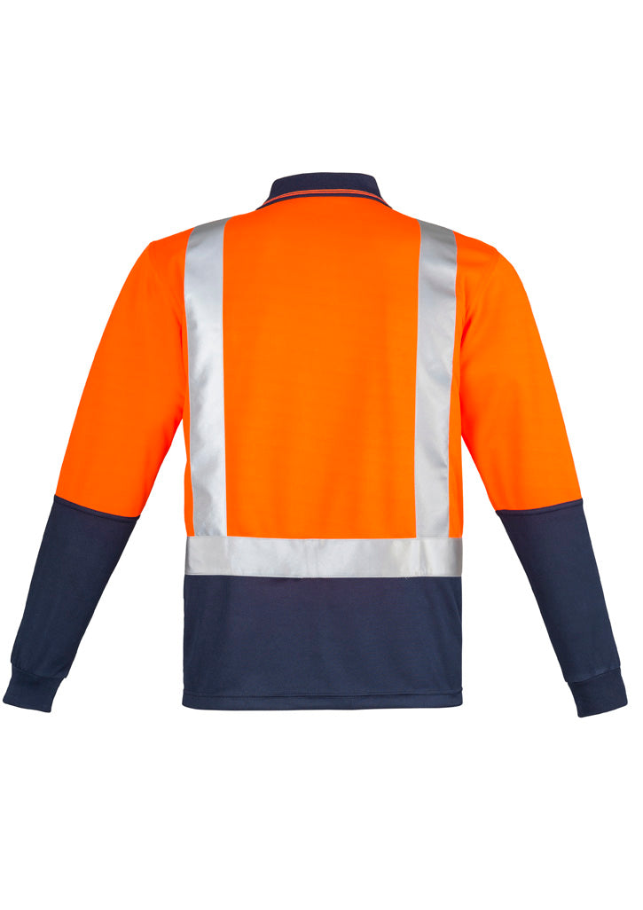 Mens Hi Vis Spliced Long Sleeve Polo - Shoulder Taped Orange/Navy back