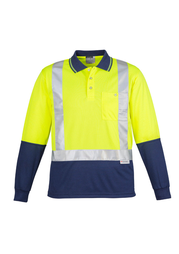 Mens Hi Vis Spliced Long Sleeve Polo - Shoulder Taped Yellow/Navy front