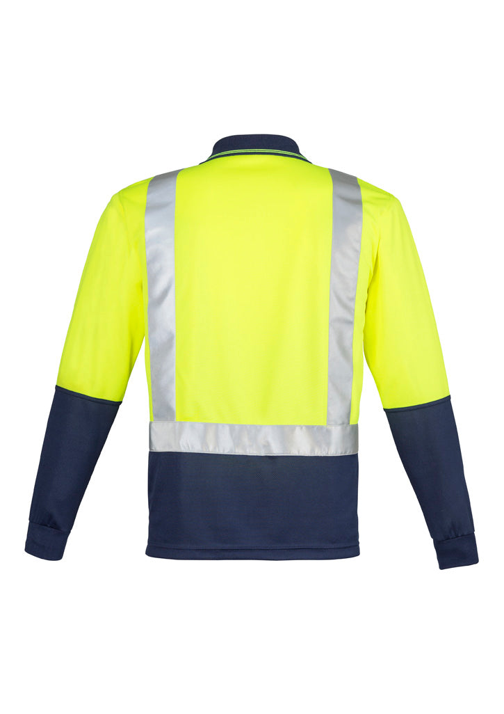 Mens Hi Vis Spliced Long Sleeve Polo - Shoulder Taped Yellow/Navy back