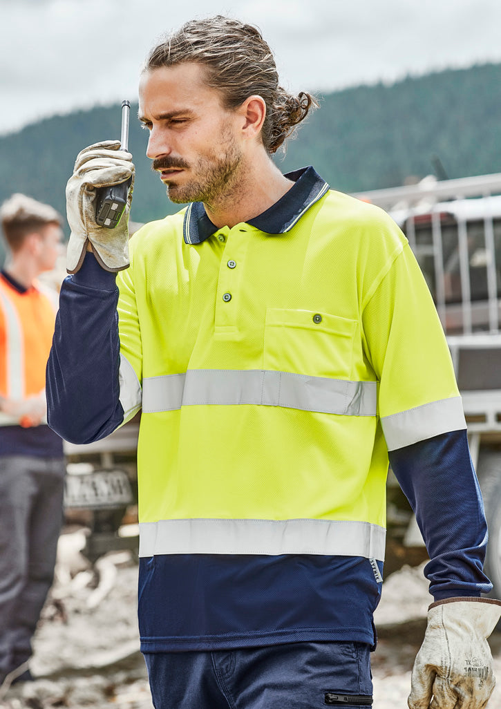 Mens Hi Vis Spliced Long Sleeve Polo - Hoop Taped Yellow/Navy front