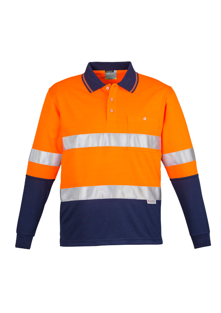 Mens Hi Vis Spliced Long Sleeve Polo - Hoop Taped Orange/Navy front