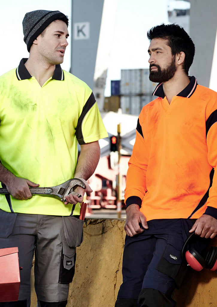 Mens Hi Vis Aztec Short Sleeve Polo Yellow/Navy front