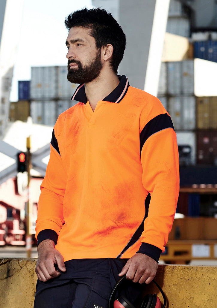 Mens Hi Vis Aztec Long Sleeve Polo Orange/Navy front