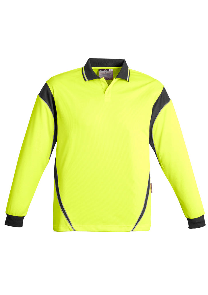 Mens Hi Vis Aztec Long Sleeve Polo Yellow/Charcoal front
