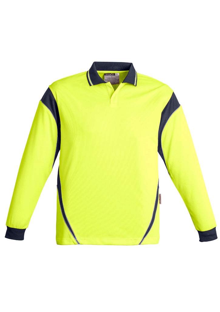 Mens Hi Vis Aztec Long Sleeve Polo Yellow/Navy front