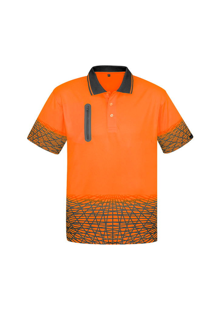 Mens Hi Vis Tracks Short Sleeve Polo Orange/Charcoal front