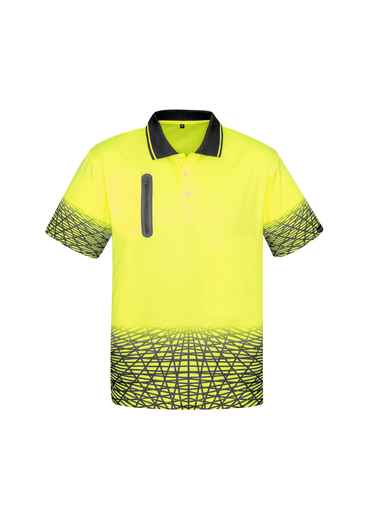 Mens Hi Vis Tracks Short Sleeve Polo Yellow/Charcoal front