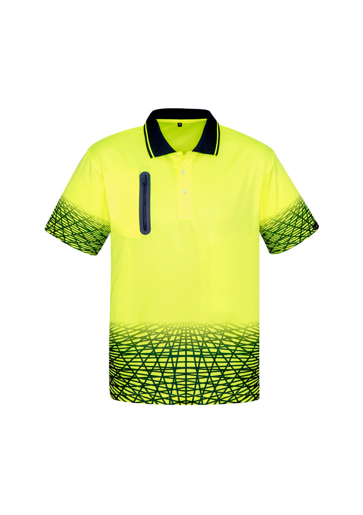 Mens Hi Vis Tracks Short Sleeve Polo Yellow/Navy back