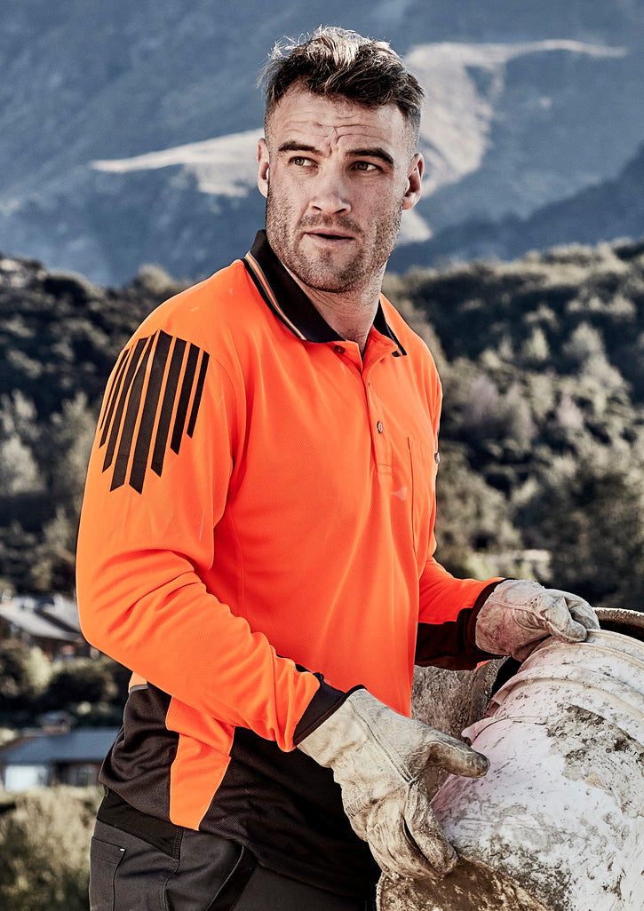 Mens Hi Vis Flux Long Sleeve Polo Orange/Charcoal front
