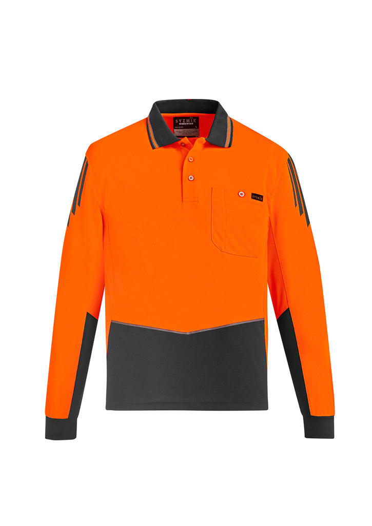 Mens Hi Vis Flux Long Sleeve Polo Orange/Charcoal back