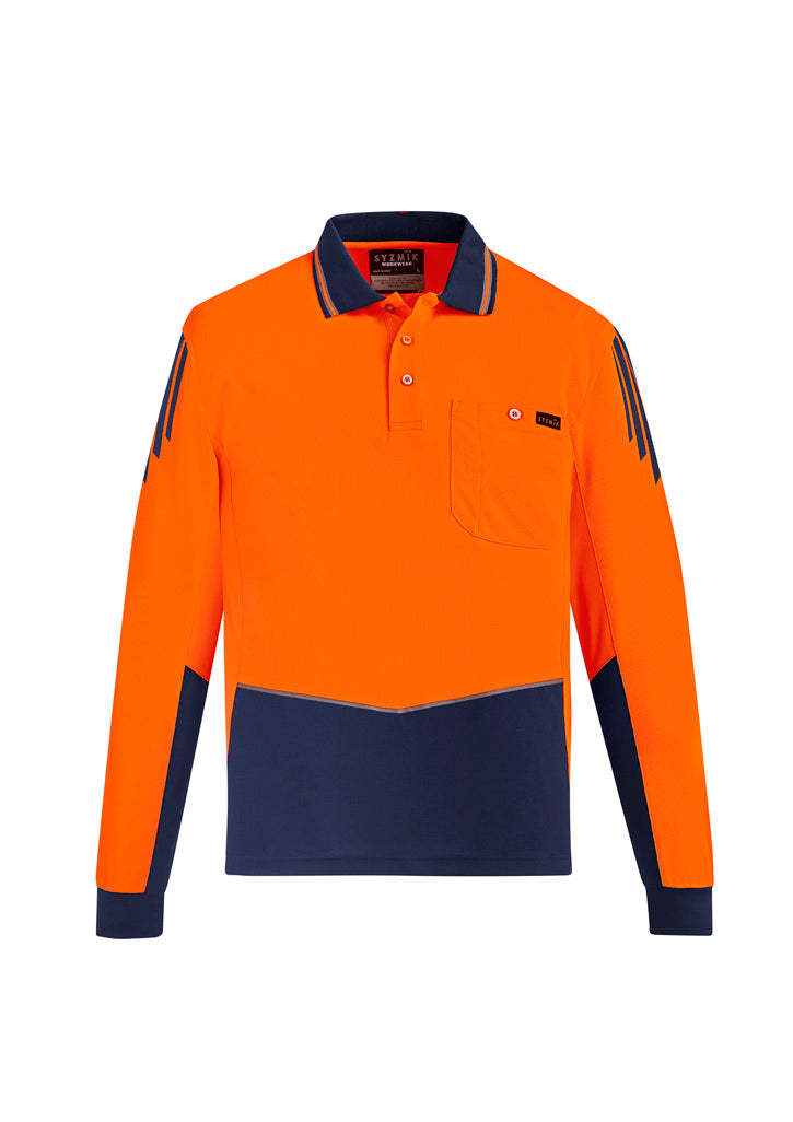 Mens Hi Vis Flux Long Sleeve Polo Orange/Navy front