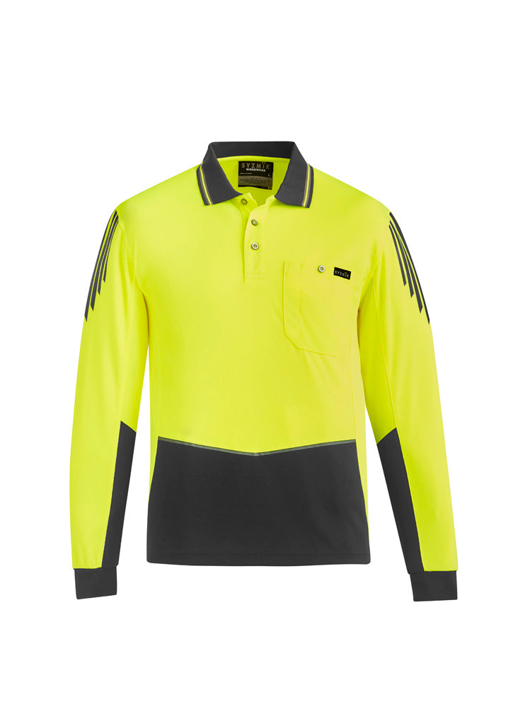 Mens Hi Vis Flux Long Sleeve Polo Yellow/Charcoal front
