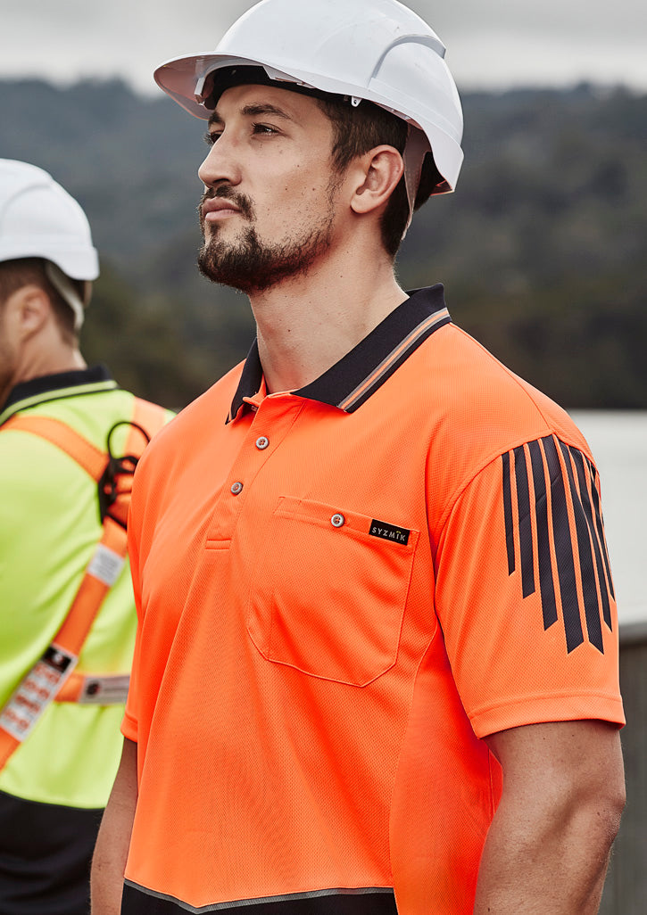 Mens Hi Vis Flux Short Sleeve Polo Orange/Navy front