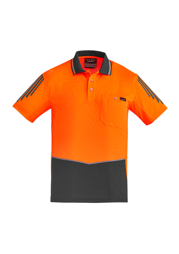 Mens Hi Vis Flux Short Sleeve Polo Orange/Charcoal front