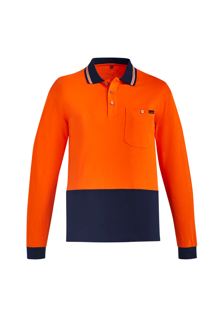 Mens Hi Vis Cotton Long Sleeve Polo Orange/Navy front