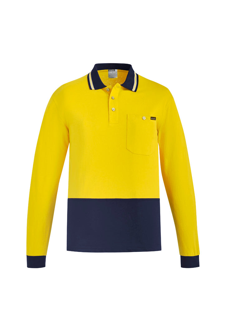 Mens Hi Vis Cotton Long Sleeve Polo Yellow/Navy front