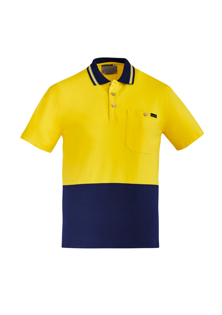 Mens Hi Vis Cotton Short Sleeve Polo Yellow/Navy front