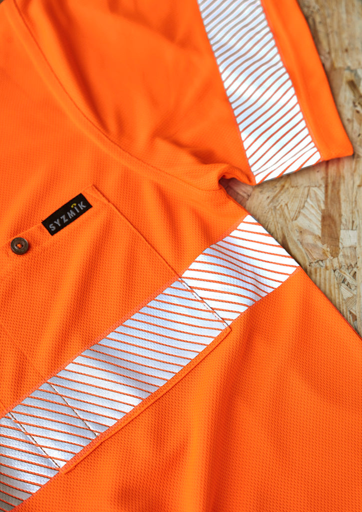 Unisex Hi Vis Segmented Tape Short Sleeve Polo Orange/Navy front
