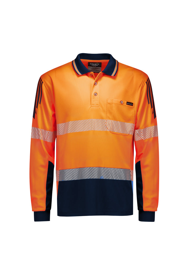 Mens Hi Vis Flux Segmented Tape Long Sleeve Polo Orange/Navy front