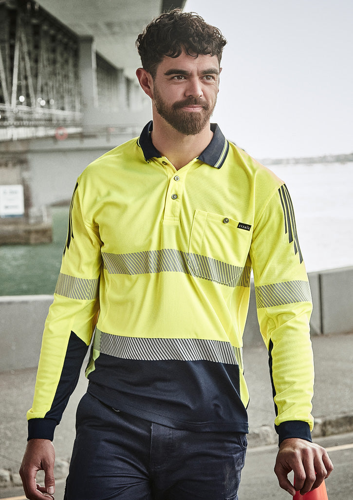 Mens Hi Vis Flux Segmented Tape Long Sleeve Polo Yellow/Navy front