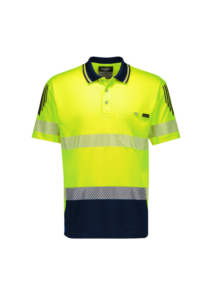 Mens Hi Vis Flux Segmented Tape Short Sleeve Polo Yellow/Navy front