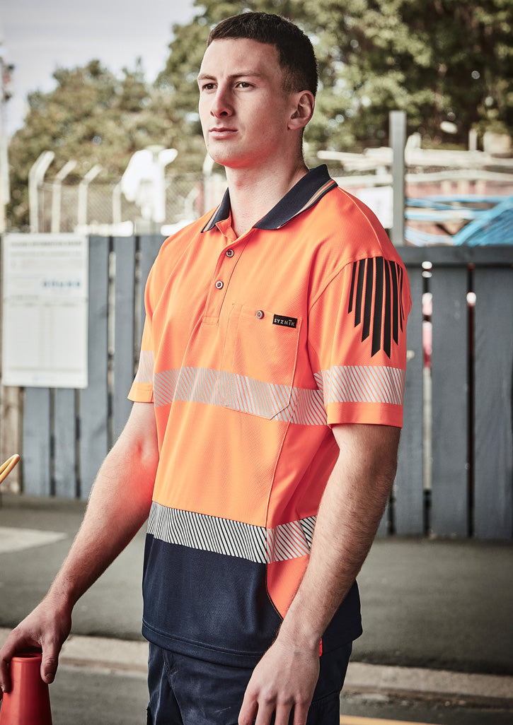 Mens Hi Vis Flux Segmented Tape Short Sleeve Polo Orange/Navy front