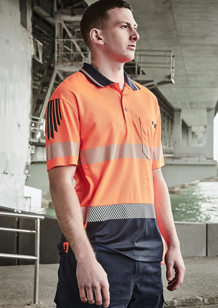 Mens Hi Vis Flux Segmented Tape Short Sleeve Polo Orange/Navy back
