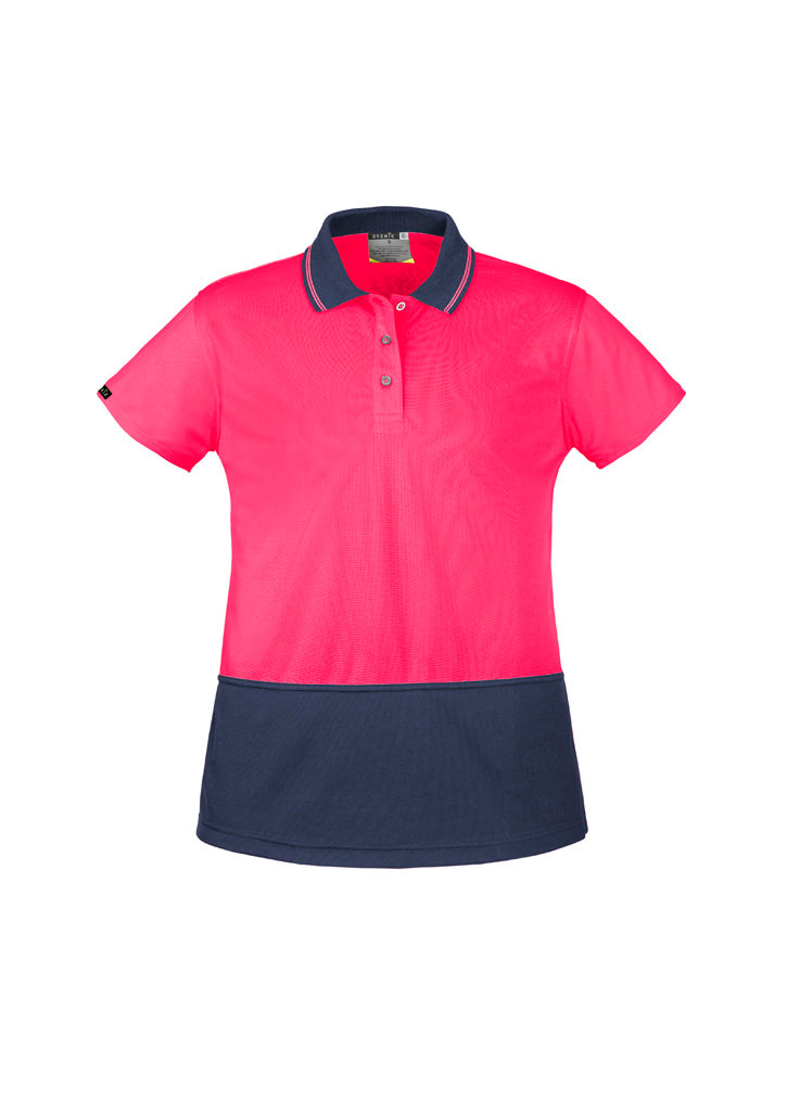 Womens Hi Vis Basic Short Sleeve Polo Pink/Navy back