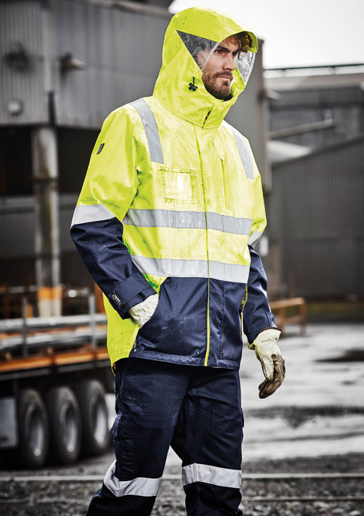 Mens Hi Vis 4 In 1 Waterproof Jacket Yellow/Navy front