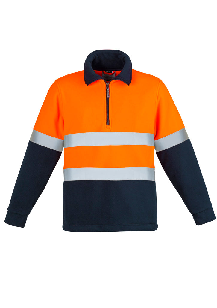 Unisex Hi Vis Polar Fleece Pullover - Hoop Taped Orange/Navy front