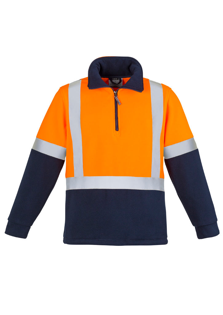 Unisex Hi Vis Polar Fleece Pullover - Shoulder Taped Orange/Navy front