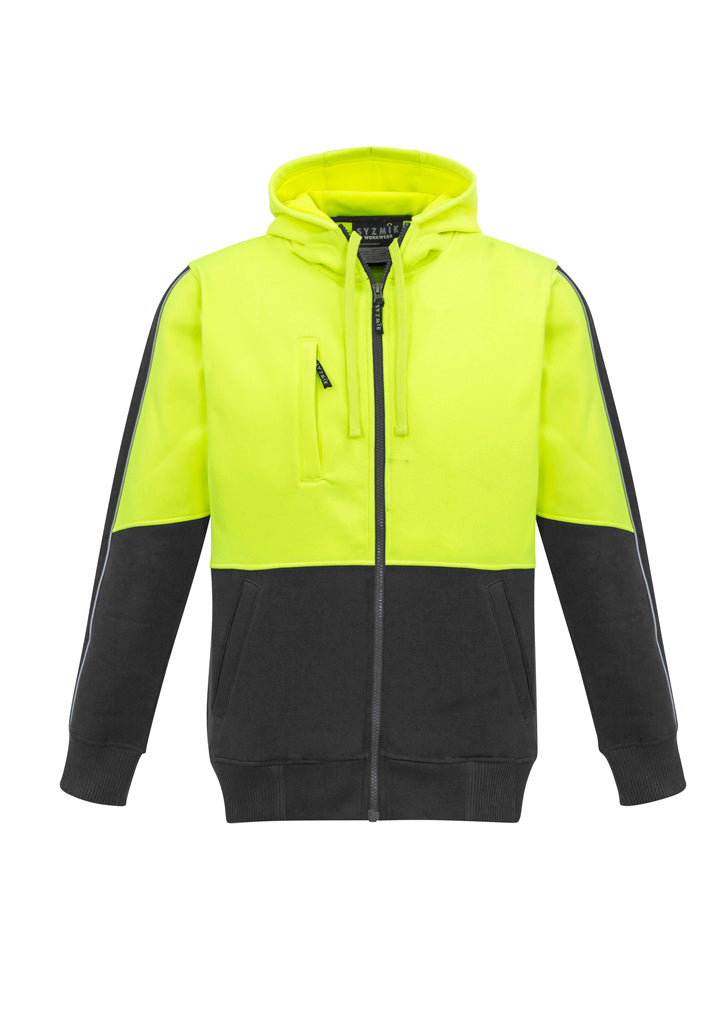 Unisex Hi Vis Full Zip Hoodie Yellow/Charcoal front
