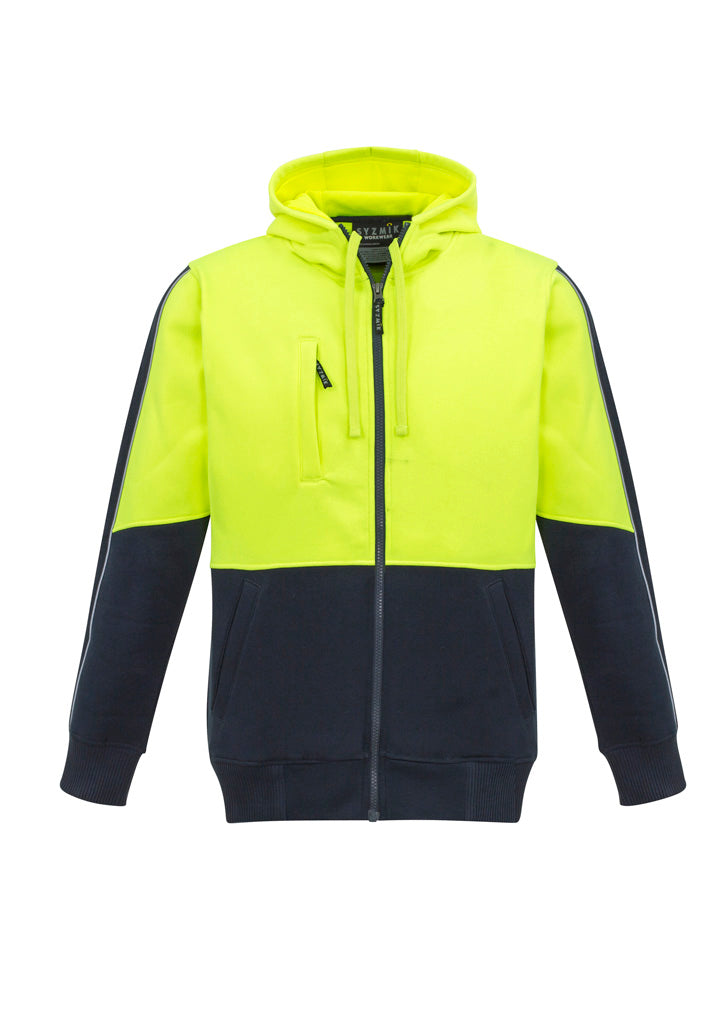 Unisex Hi Vis Full Zip Hoodie Yellow/Navy front