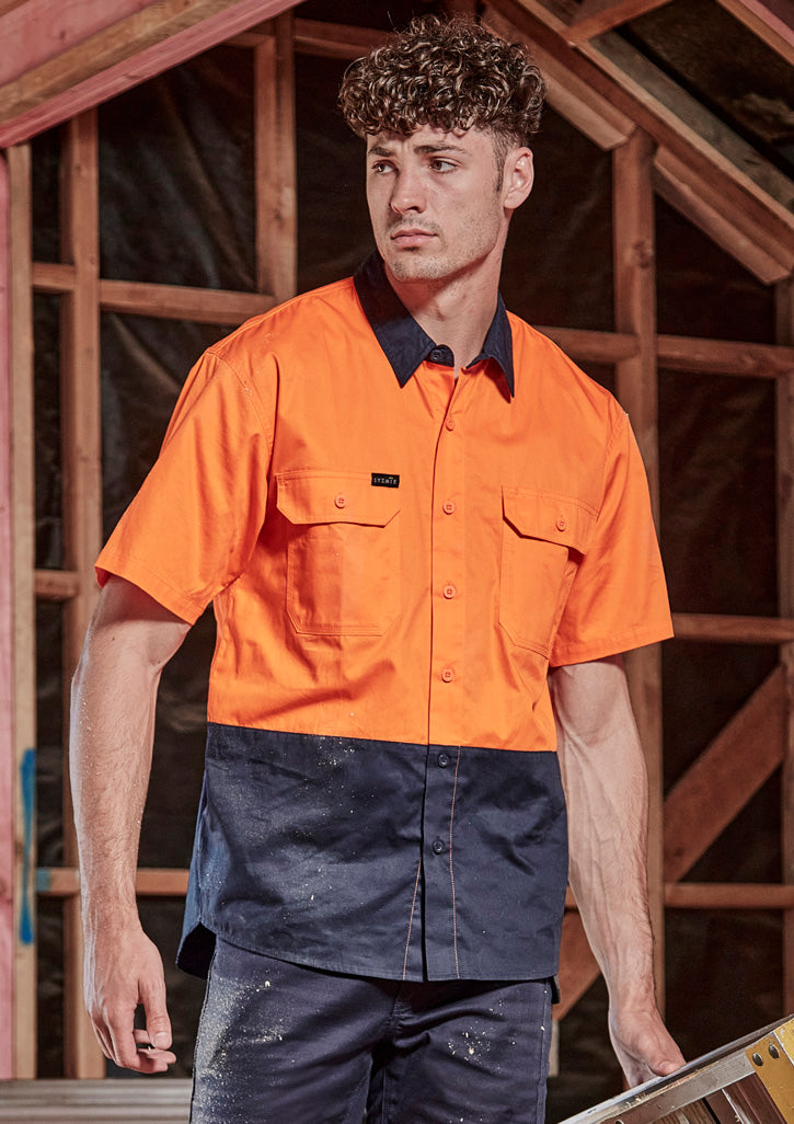 Mens Hi Vis Short Sleeve Shirt Orange/Navy front