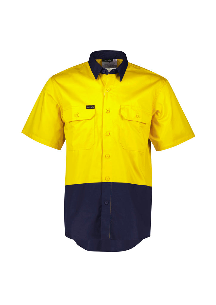 Mens Hi Vis Short Sleeve Shirt Yellow/Navy front