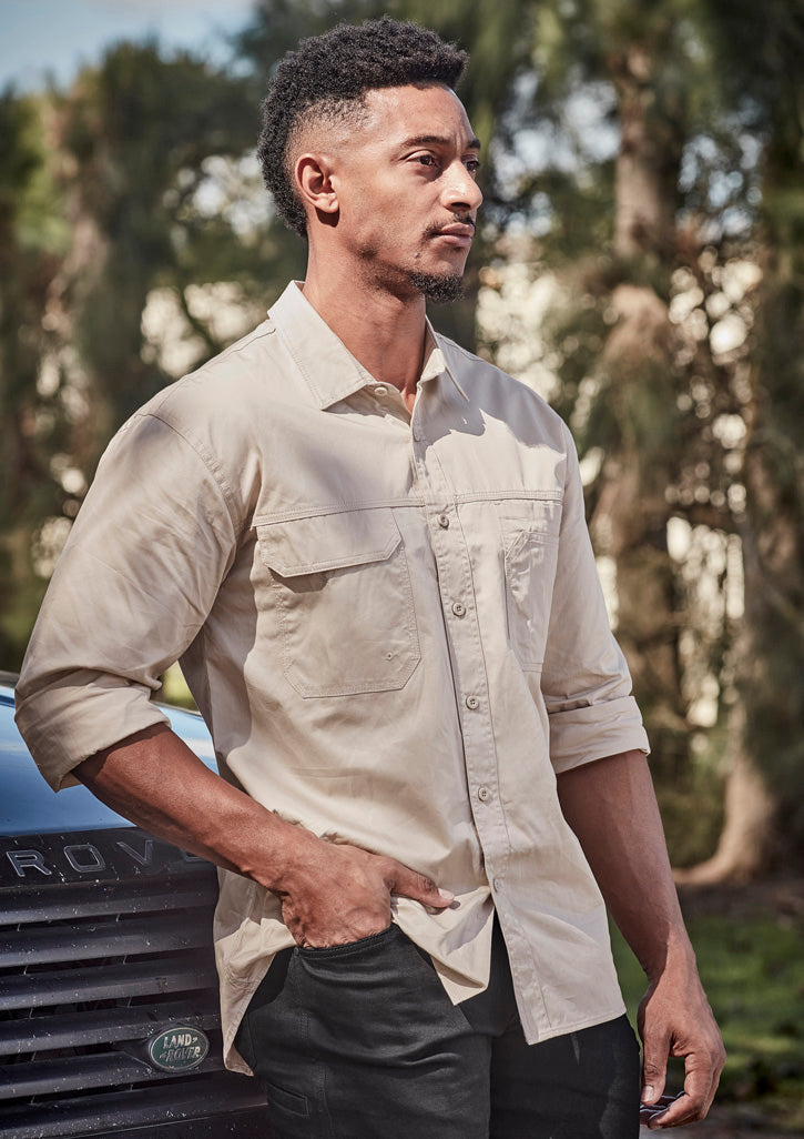 Mens Lightweight Tradie Long Sleeve Shirt Sand front