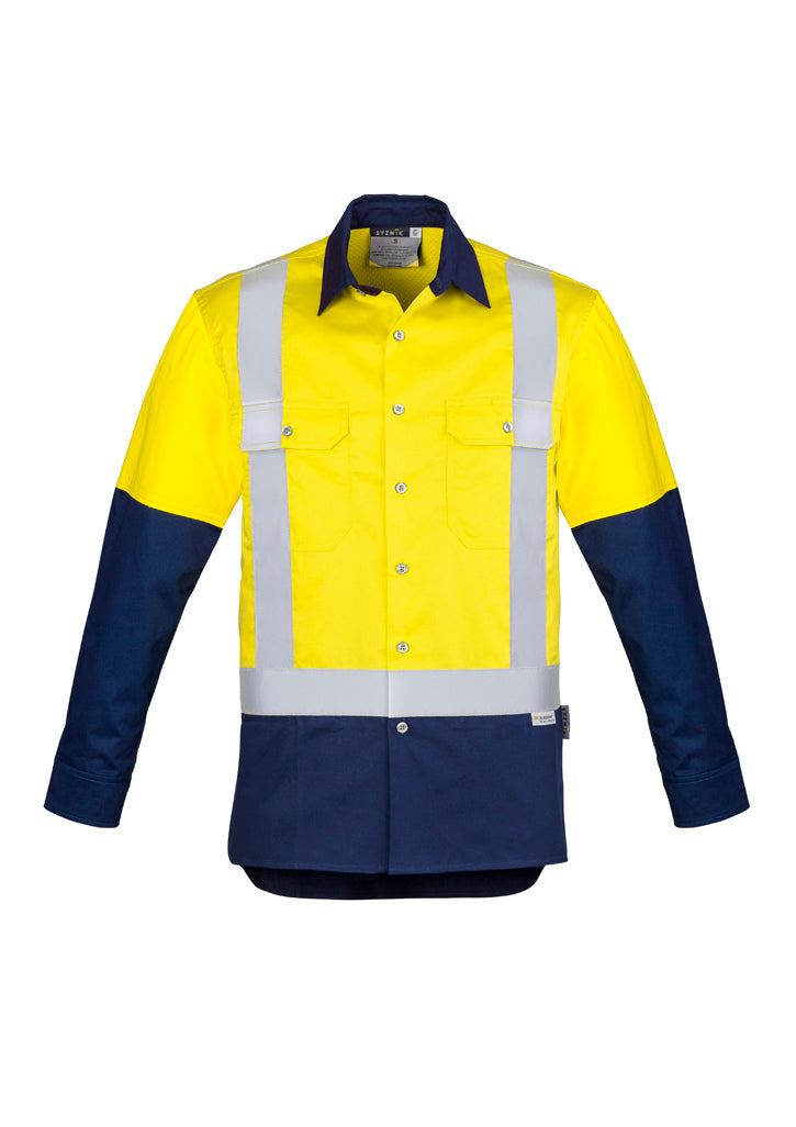 Mens Industrial Long Sleeve Shirt - Shoulder Taped Yellow/Navy front