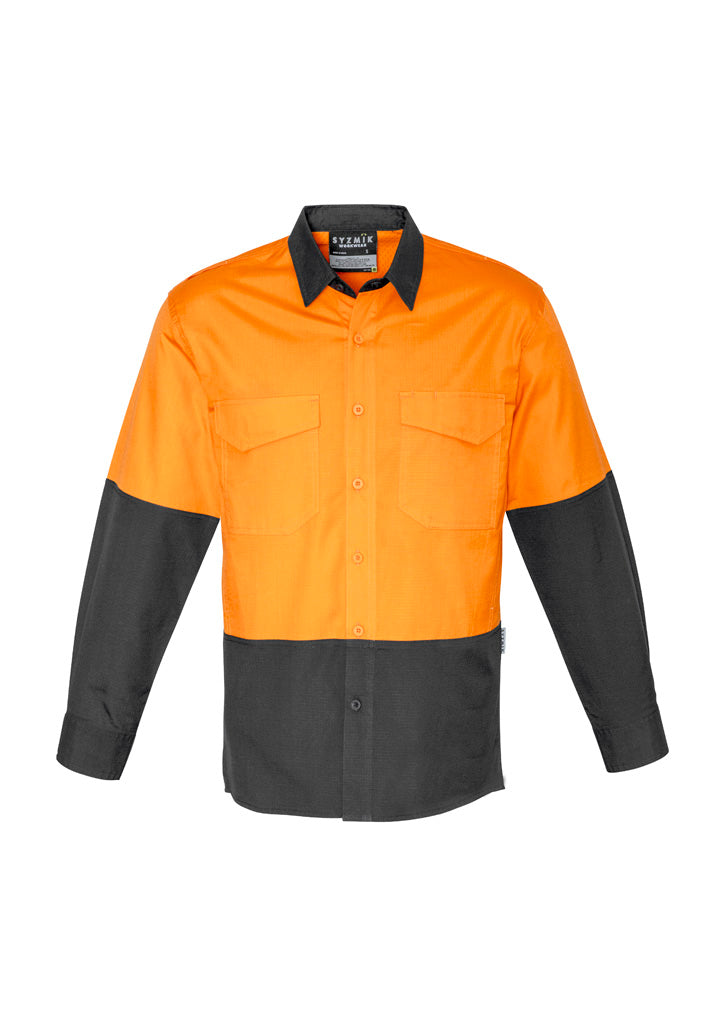Mens Rugged Cooling Hi Vis Long Sleeve Shirt Orange/Charcoal front