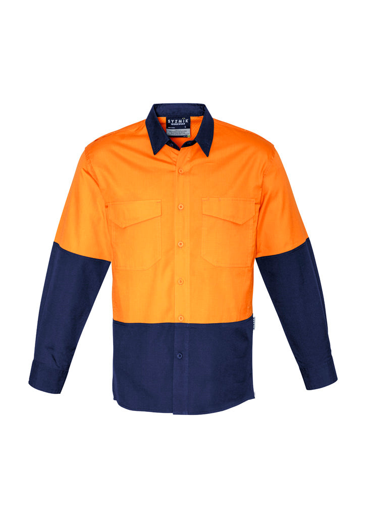 Mens Rugged Cooling Hi Vis Long Sleeve Shirt Orange/Navy front
